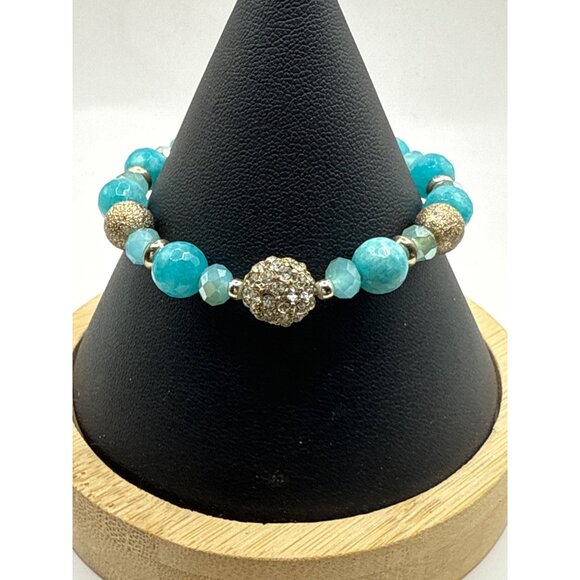 Turquoise Beaded Stretch Bracelet Gold Rhinestone Accent - Picture 1 of 5